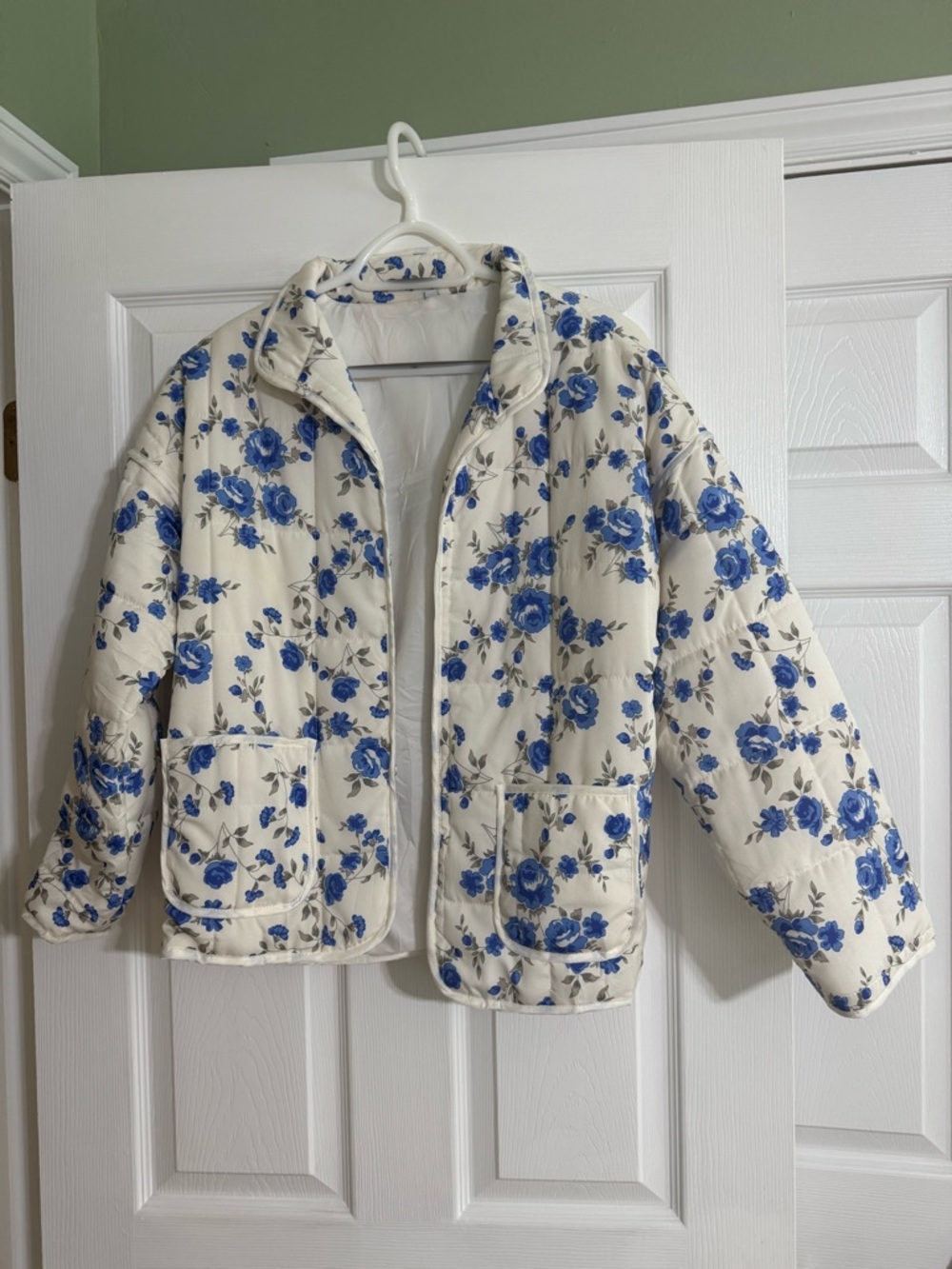 Cream Floral Quilted Jacket with Blue Roses